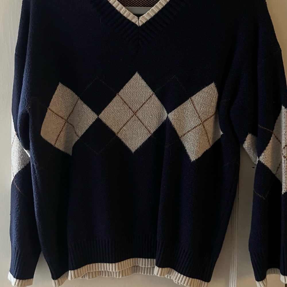Classic V-Neck Argyle Sweater in Blue and Cream